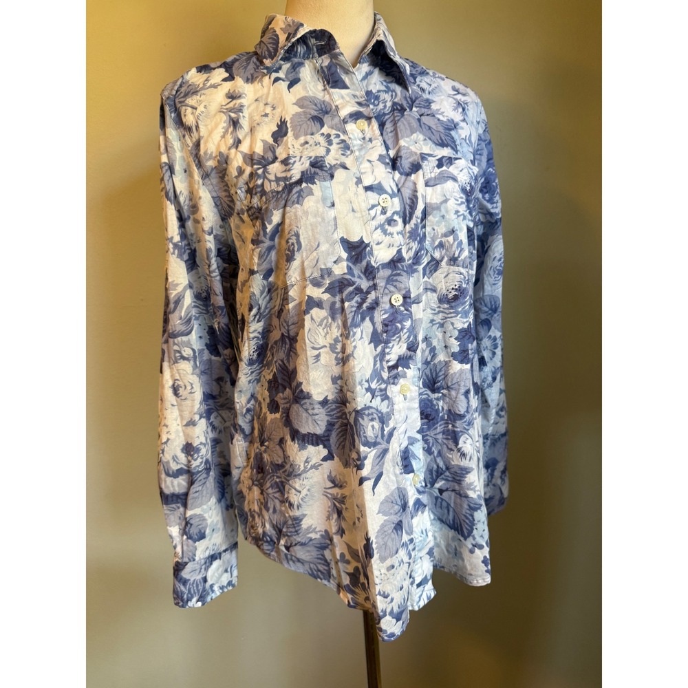 Lauren Ralph Lauren Blue White Floral Cotton Button Shirt Blouse boho whimsi M